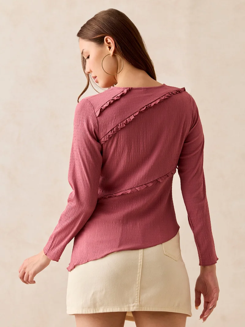 Outzidr Pink Pink Textured Assymetric Hem Knit Top for Women | Best Price UAE